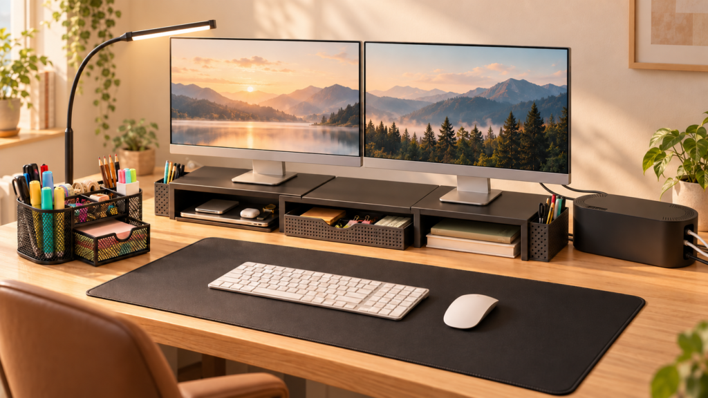 Organized home office desk with dual monitors, desk mat, desk lamp, organizer, and cable management box